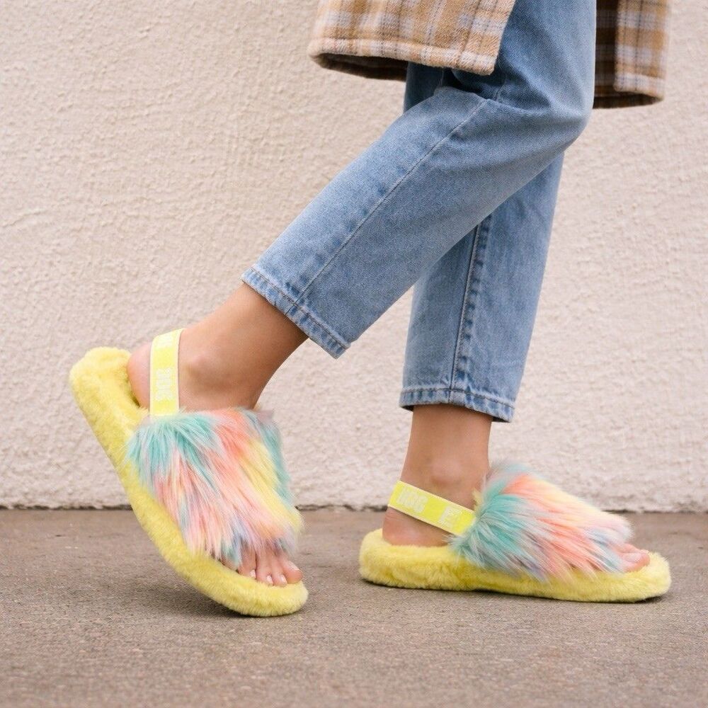 UGG Fluff Yeah Rainbow Faux Fur‎ Lounge Slippers Sandals Spring Slides